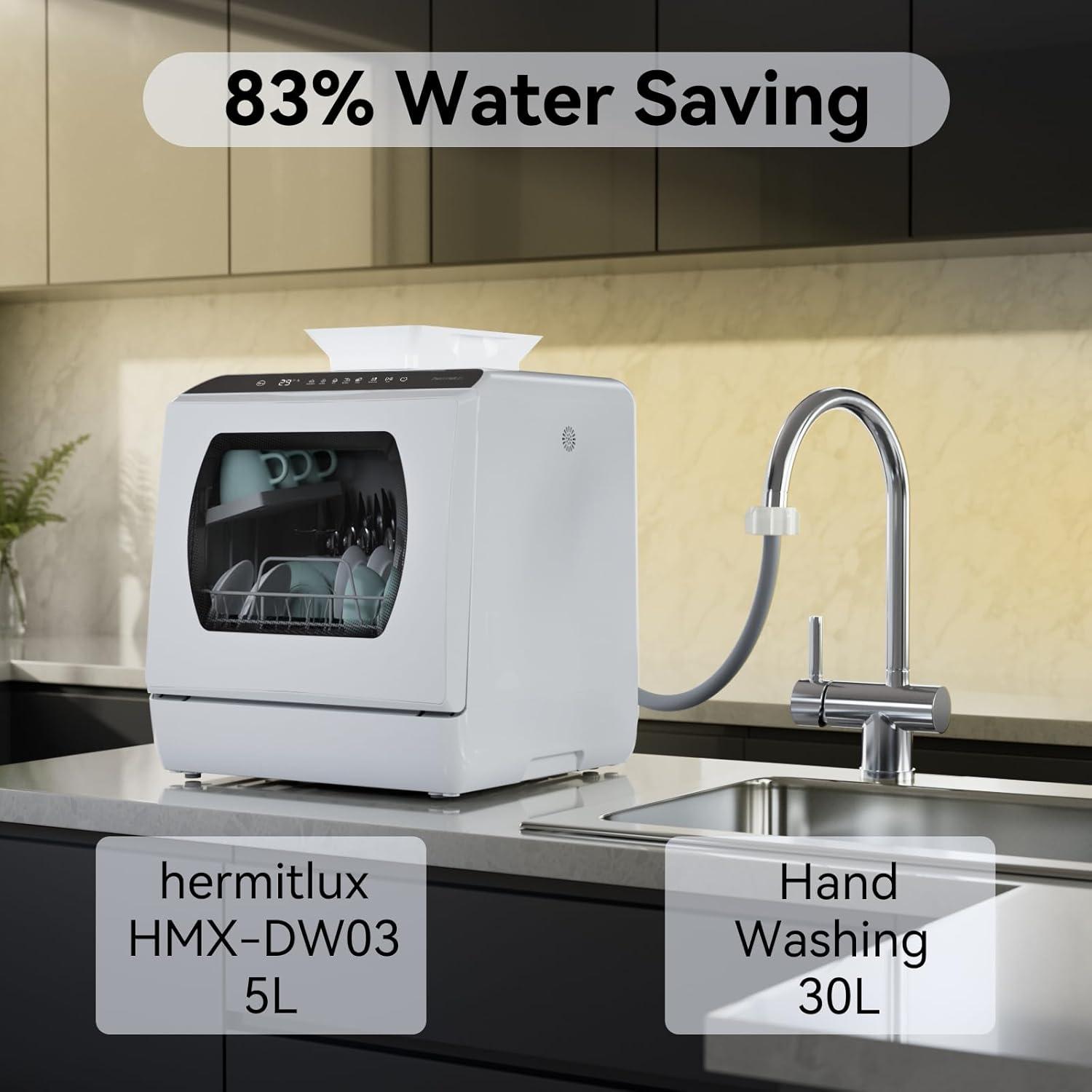 imageHermitlux Portable Countertop Dishwashes 5 Washing Programs Mini Dishwasher with 5Liter Builtin Water Tank for Apartments ampamp RVs Tabletop Dishwasher with LED Light ampamp Glass Door No Hookup NeededGlass Door