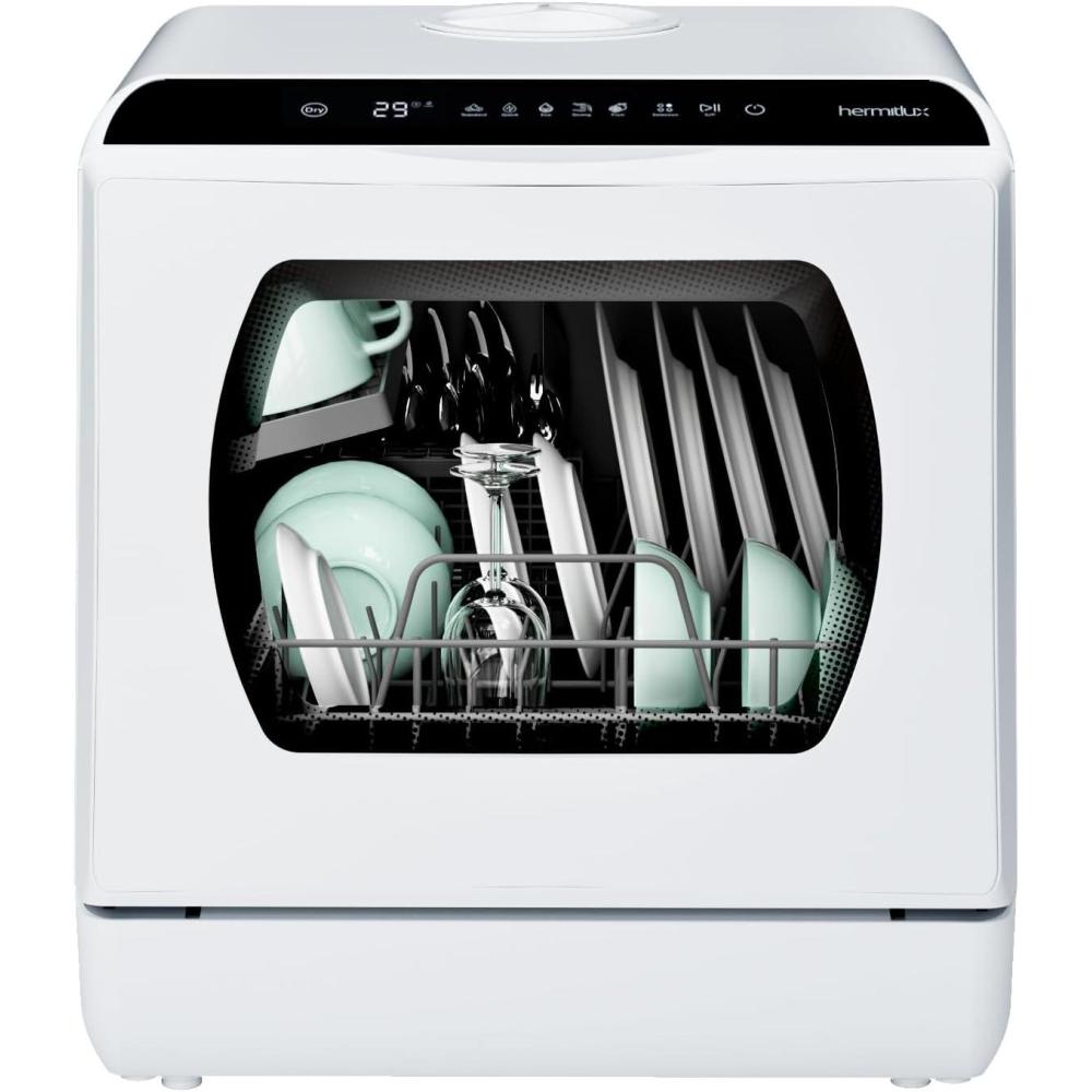 imageHermitlux Portable Countertop Dishwashes 5 Washing Programs Mini Dishwasher with 5Liter Builtin Water Tank for Apartments ampamp RVs Tabletop Dishwasher with LED Light ampamp Glass Door No Hookup NeededGlass Door